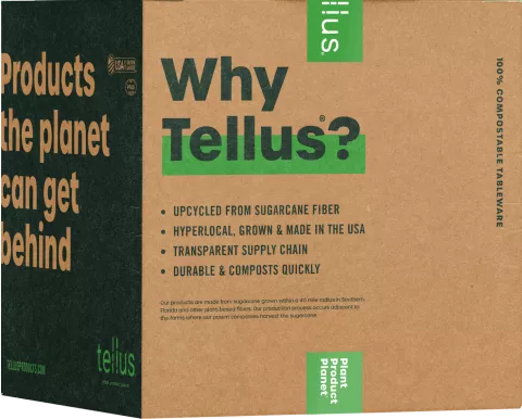 Tellus No PFAS Added Sugarcane Fiber Square Disposable 3 Compartment Clamshell, 8 x 8 inch - 200 per Pack -- 4 Packs per Case